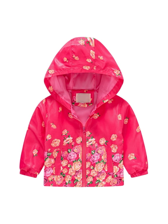 Toddler Outerwear Raincoat Jacket for Kids Boys Girls Long Sleeve Rain Coat Printed Hooded Windbreaker Hot Pink Size 5-6 Years