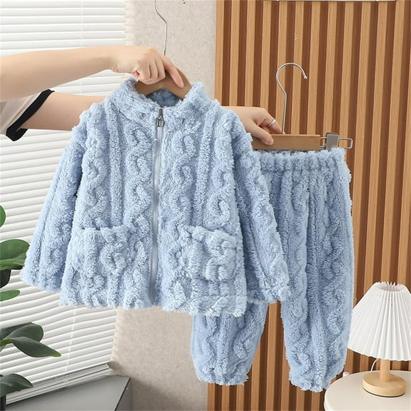 Piuwrlz Toddler Pajamas Set Girls Pants and Shirt 2PC Pocket Plush Cowl Neck Nightwear Light Blue Size 3 Years