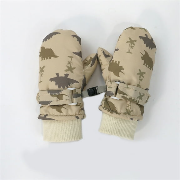 Piuwrlz Toddler Winter Skiing Set Girls Boys Warm Glove New Printed Waterproof Cold-Proof Thickened Plush Windproof Gloves Khaki Size 4 Years
