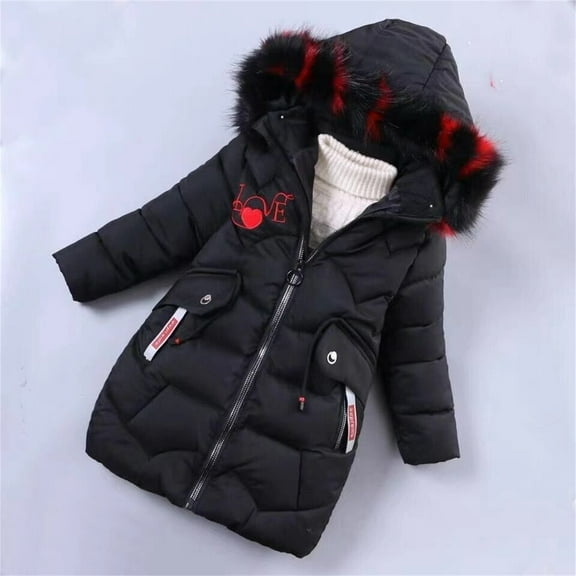 Piuwrlz Puffer Jacket Children's Girls Boy Velvet Hood Padded Cotton Coats Black Size 10 Years