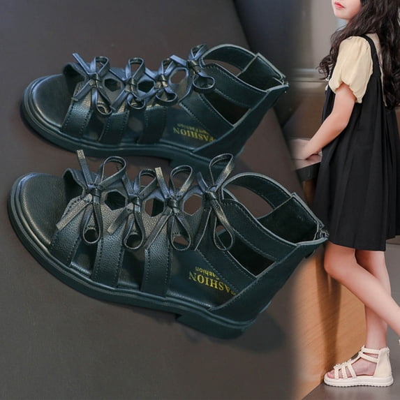 Piuwrlz Versatile Gladiator Sandals Sandals for Little Girls Peep Toe Shoes Zip-Up Gladiator Sandals Black Size 11 Years