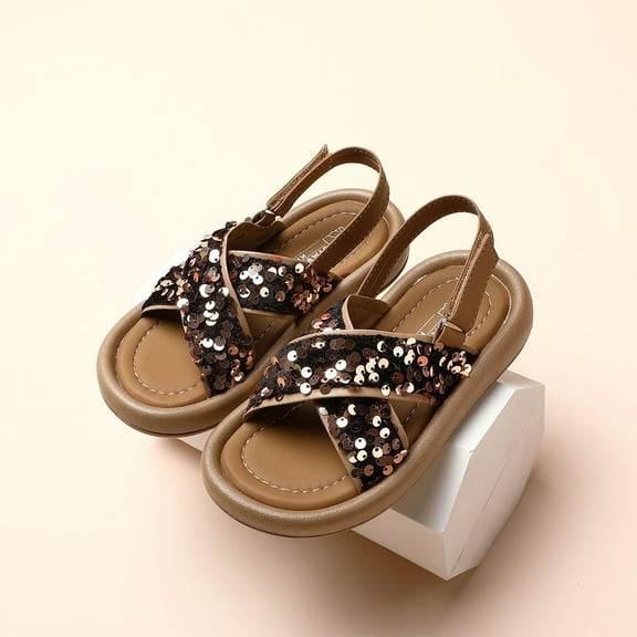 Piuwrlz Versatile Glitter Espadrilles Sandals for Little Girls Peep Toe Shoes Lace-Up New Sequin Dress Flats Brown Size 23