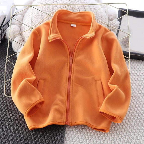 Piuwrlz Winter Fleece Jackets for Children's Girls Plush Outerwear Lightweight Pocket Solid Color Zipper for Girl Jacket Orange Size 7 Years