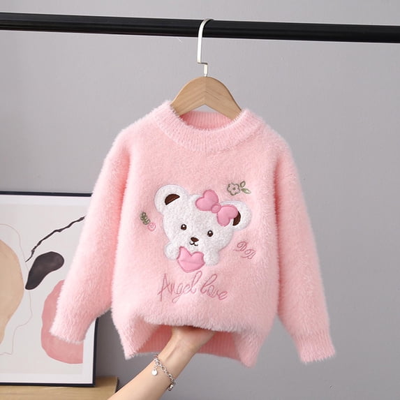 Piuwrlz Winter Knitted Sweaters for Kids Girls Fluff Sweatershirt Thickening Pullover Sweater Pink Size 4 Years