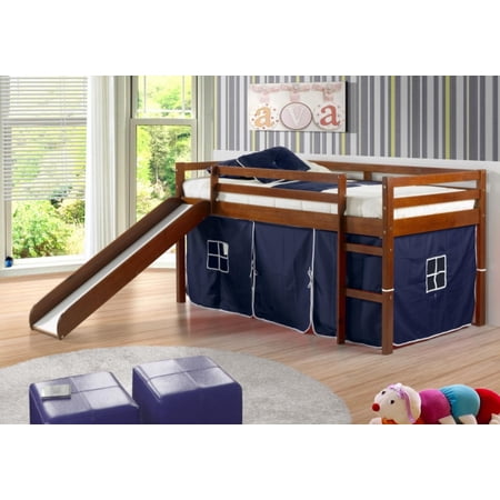Pivot Direct PD-750TE-B Twin Size Tent Loft with Slide & Slat-Kits Mattress Ready - Light Espresso & Blue