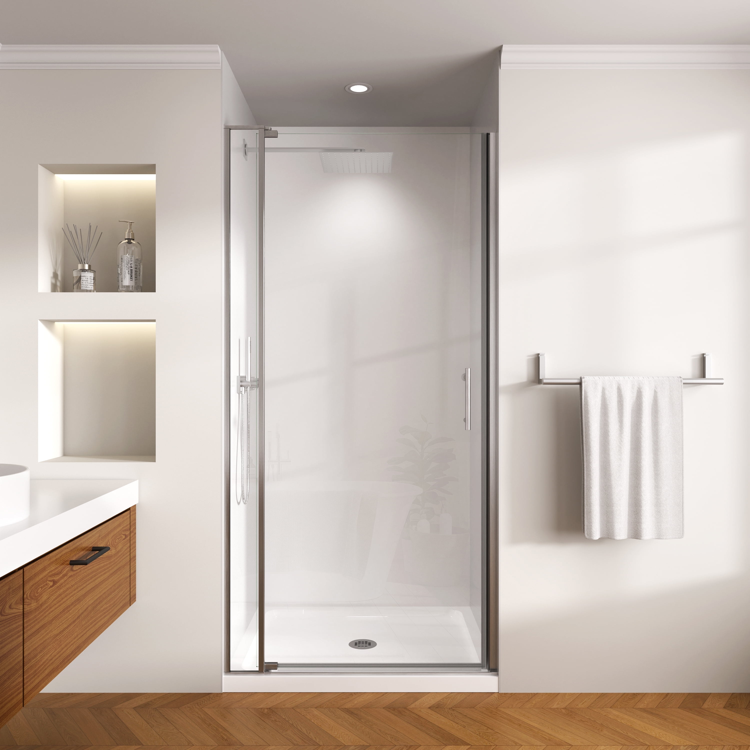 kpuy pivot shower door, 26-28" w x 72" h frameless single swing glass shower door with explosion-proof film nano coating, 1/4" (6mm) thick tempered clear glass, brushed nickel brushed nickel 26 - 28" w x 72" h