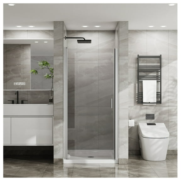 Pivot Shower Door 34x72 Inch, Semi-Frameless Swing Door with Tempered Glass, Chrome Finish, 1/4 inch Thick, Adjustable Width, 180° Pivot System