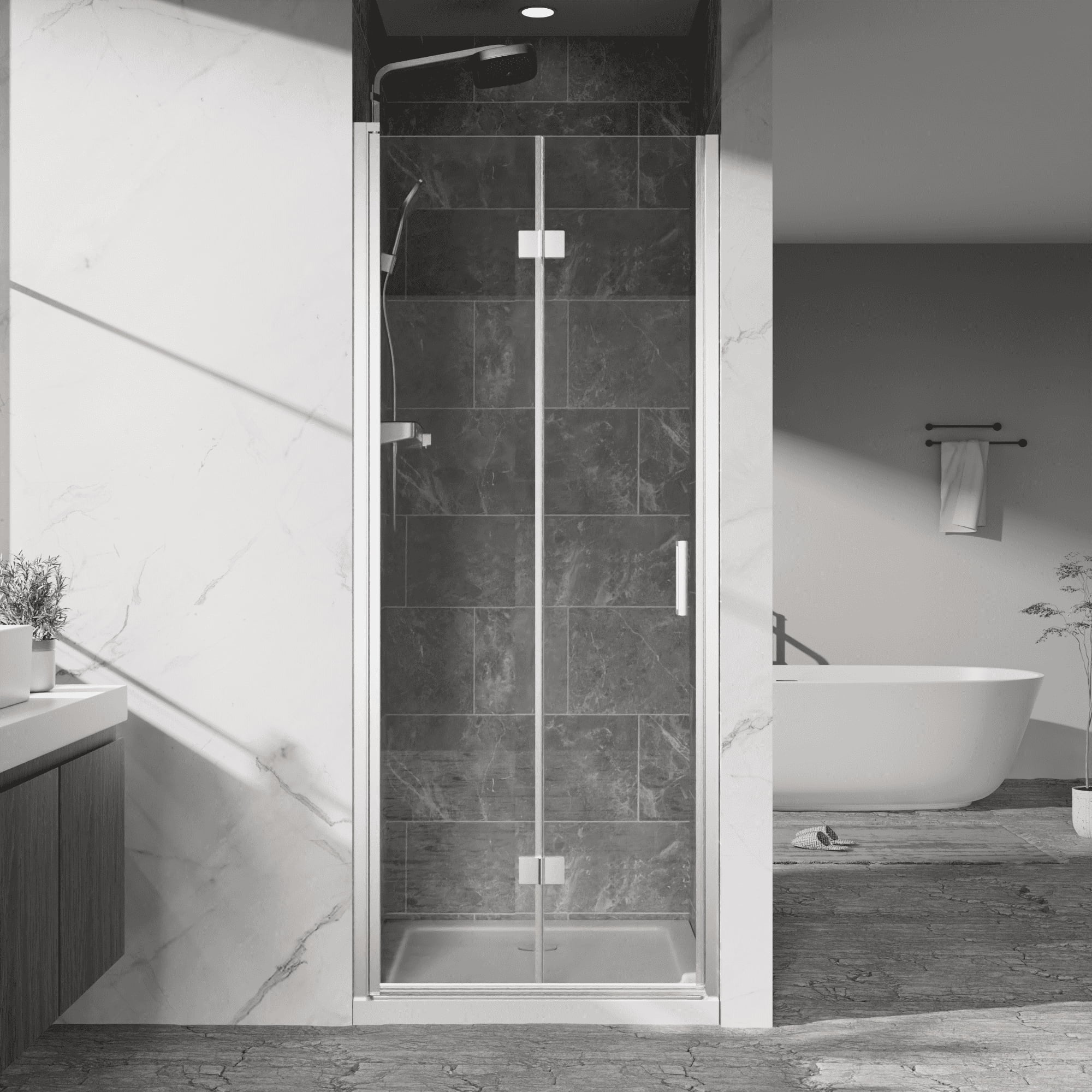 Pivot Shower Doors, 30" W x 72" H Frameless Bi-fold Swing Shower Door,1/4" (6mm) Clear Tempered Glass, Chrome, Reversible Installation