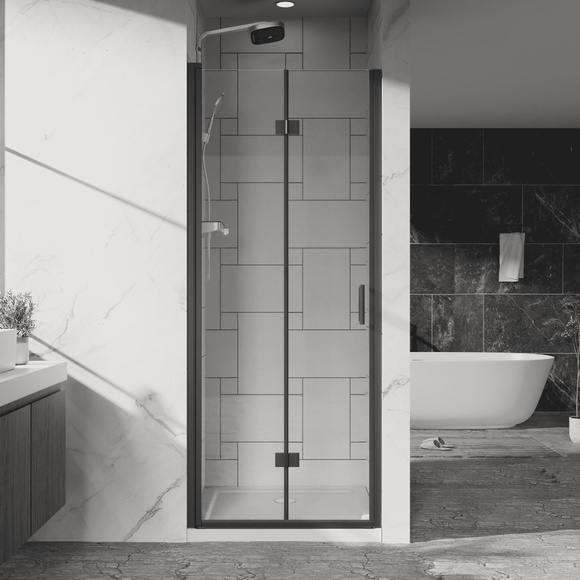 Pivot Shower Doors, 30" W x 72" H Frameless Bi-fold Swing Shower Door,1/4" (6mm) Clear Tempered Glass, Matte Black, Reversible Installation