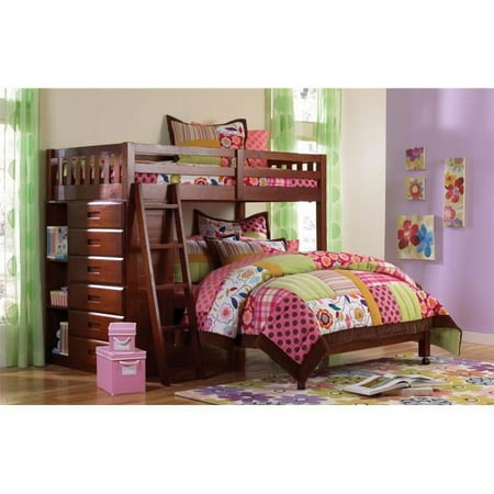 PivotDirect PD-2805 Twin Loft & Full Size Bed with 6 Drawer Chest & Bookcase in Merlot