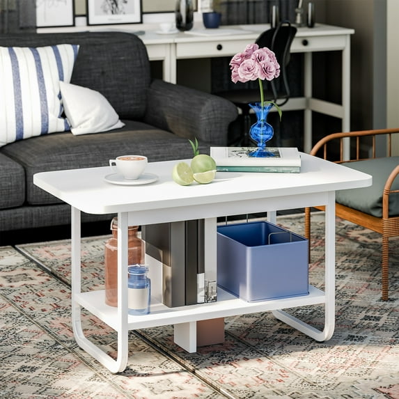 Piweml 2-Tier Coffee Table, Mid Century Center Table with Storage Shelf for Living Room, White Tea Table Functional Center Table for Home