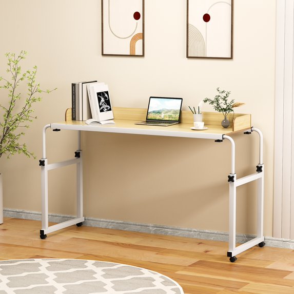 Piweml Adjustable Overbed Table with Wheels, Rolling Laptop Desk with Raised Baffle for Bed, Sofa, Hospital Use, Mobile Standing Desk for Laptop, Notebook, Meals