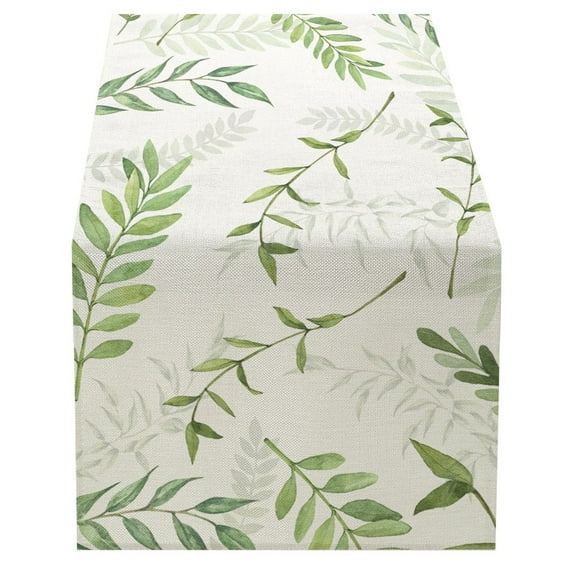 Piwivd Summer Leaves Print Linen Table Cloth Set, Fresh Green Series with Peach Napkins for Dining Table, Dresser Cover, Easter, and Spring Home Decor