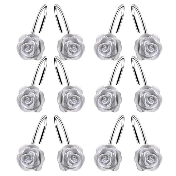 Piwvid 12PCS Rose Floral Shower Curtain Hooks, Vintage Resin Rose Shower Curtain Hooks for Shower Curtain, Metal Rustproof Decorative Shower Curtain Rings for Bathroom Bedroom Living Room Décor
