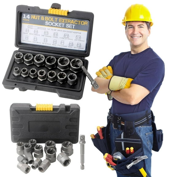 Piwvid 14-Piece Nut, Bolt, and Screw Extractor Remover Tool Set - Professional Kit for Removing Damaged, Stripped, Rusted, or Rounded-Off Fasteners, Includes Hex Adapters