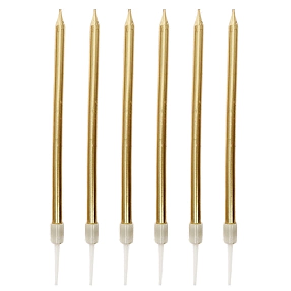 Piwvid 6-Count Gold Long Thin Metallic Birthday Candles, Sparkler Candles for Birthday Cake, Party Decorations, Wedding, and Celebration Events