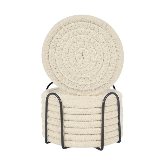 Piwvid 8 Pcs Drink Coasters with Holder, Cotton Woven Absorbent Coasters for Drinks, Minimalist Home Decor Coaster Set for Wooden Tabletop Protection Table, 4.3''