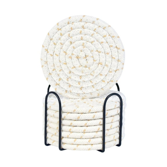 Piwvid 8 Pcs Drink Coasters with Holder, Cotton Woven Absorbent Coasters for Drinks, Minimalist Home Decor Coaster Set for Wooden Tabletop Protection Table, 4.3''