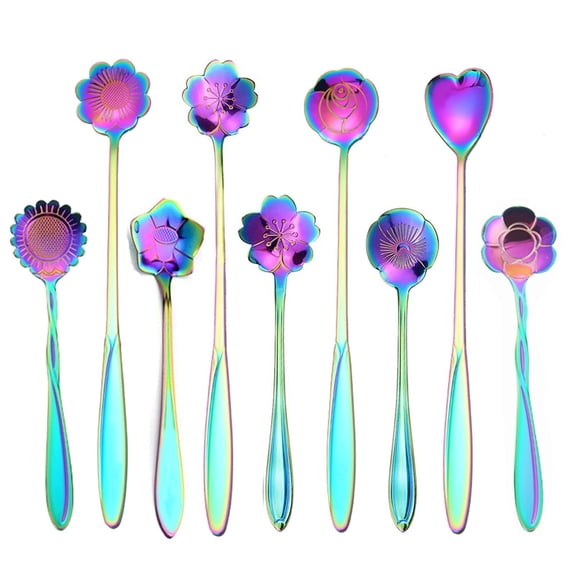 Piwvid 8pcs Flower Spoon Set, Stainless Steel Teaspoon Rainbow Color, for Coffee Tea Mixing Sugar Ice Stir, Bar Spoons and Colorful Mini Cutlery Set, Kitchen Tool