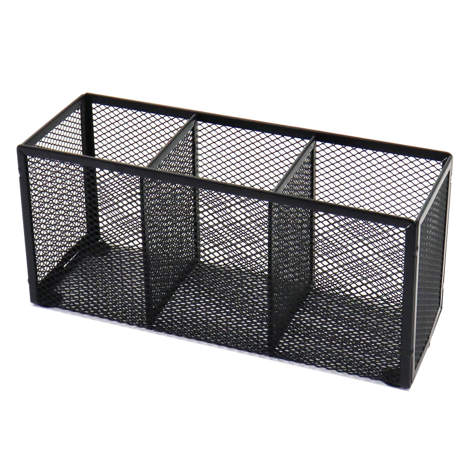 Piwvid Black Metal Mesh Desktop Pen Holder with 3 Compartments, Industrial Style Desk Organizer Stand, Compact Storage Caddy for Brushes Markers and Daily Office Stationery Supplies