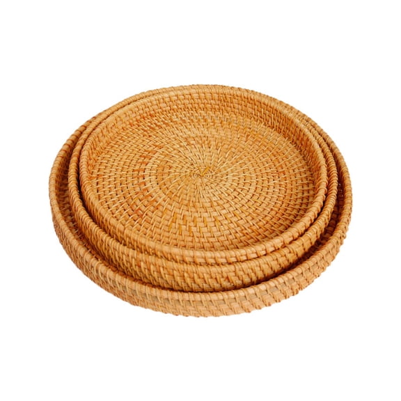 Piwvid Handwoven Round Rattan Serving Tray, Natural Boho Style Wicker Tray for Coffee Table, Ottoman, Breakfast in Bed, Decorative Bread Basket and Organizer