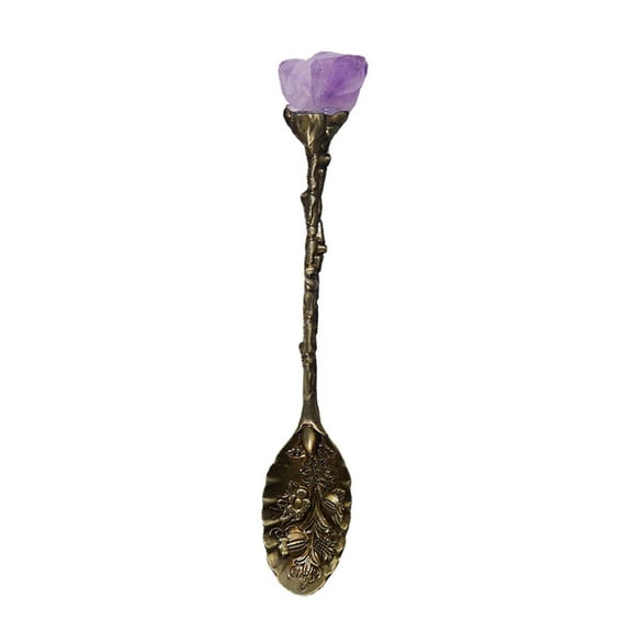 Piwvid Natural Amethyst Flower Copper Spoon, Hand Polished Raw Stone Crystal Decor Coffee or Ice Cream Spoon, Lucky Decoration Gift for Home Office and Kitchen