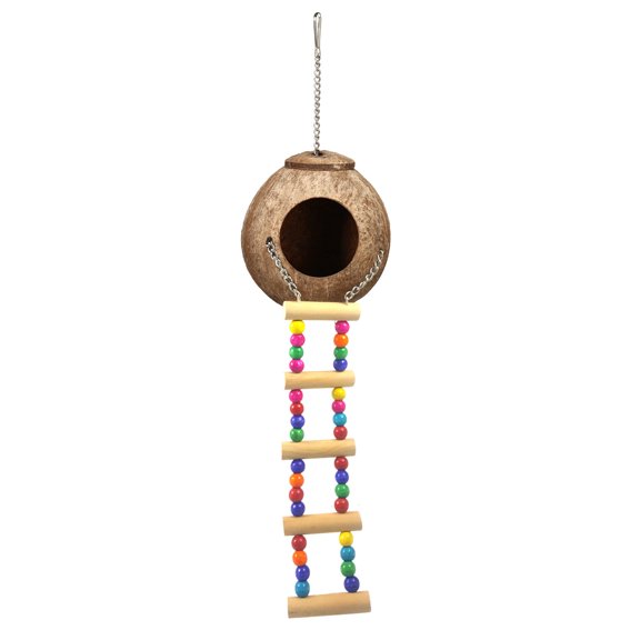 Piwvid Natural Coconut Bird House with Ladder, Parrot Lair and Decorative Bird Shelter for Garden Display, Bird Resting and Feeding Use