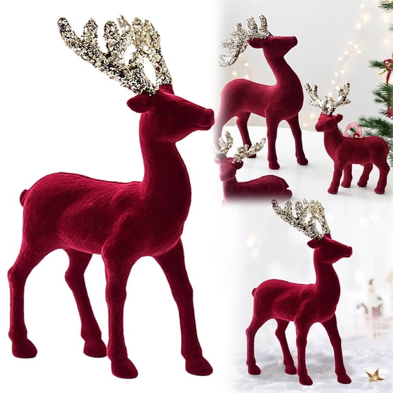 Piwvid Velvet Reindeer Christmas Decoration, Camel Flocking Deer Figurine Statue, Table Centerpiece for Home Holiday Xmas Gift Party Decor, Velvet Deer Ornament