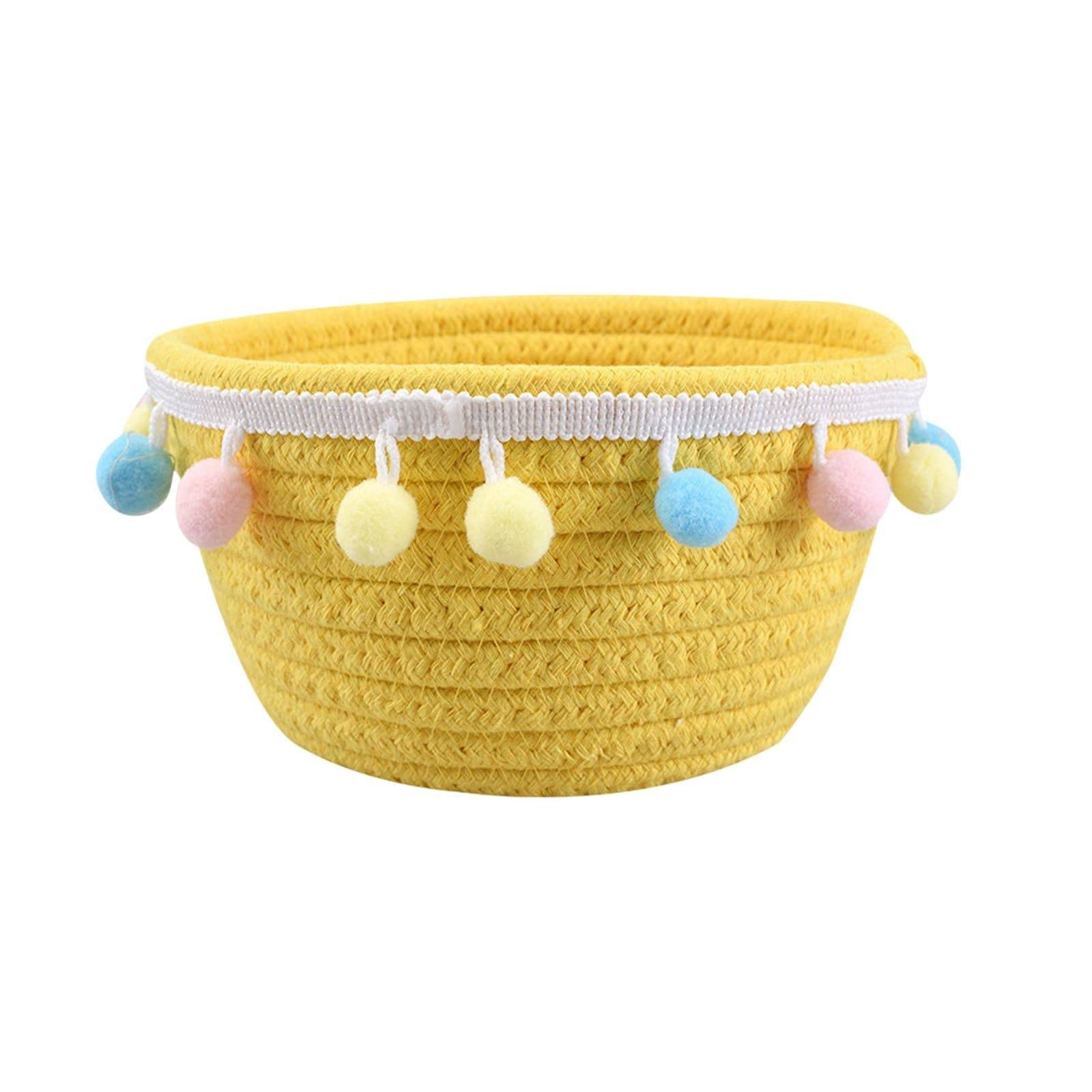 Piwvid Woven Easter Basket with Pompoms - Decorative Round Sundries Organizer | Portable Easter Egg Storage & Bedroom Decor | Handmade Cute Girls’ Holiday Display Tray