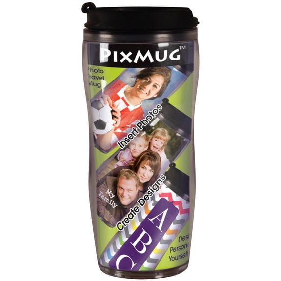PixMug 14 oz Photo Travel Mug with Flip Top - The Mug That's a Picture Frame - DIY - Insert Your Own Photos or Create and Print Inserts Online 1 Pack