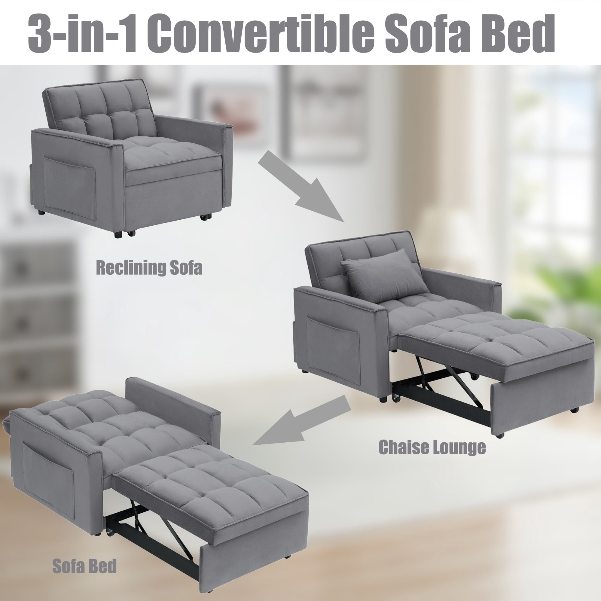 Space Saving Sleeper Chair Reference: Pixafog 3 In 1 Pull Out Convertible Sofa Bed Velvet