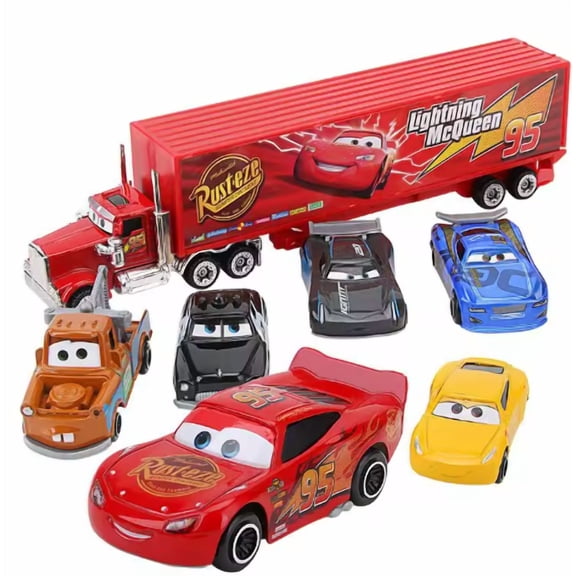 Pixar Cars Die-Cast Vehicle 7-Pack, Collectible Set of 1:55 Scale Toy Cars, Sheriff, Mater, Cal Weathers, Jakson Storm, Cruz Ramirez & Lightning McQueen