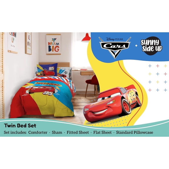 Pixar Cars Lightning McQueen Twin Comforter Set - 5 Piece Kids Bedding Includes Comforter, Sheets & Pillow Cover - Super Soft Racecar Microfiber Bed Set
