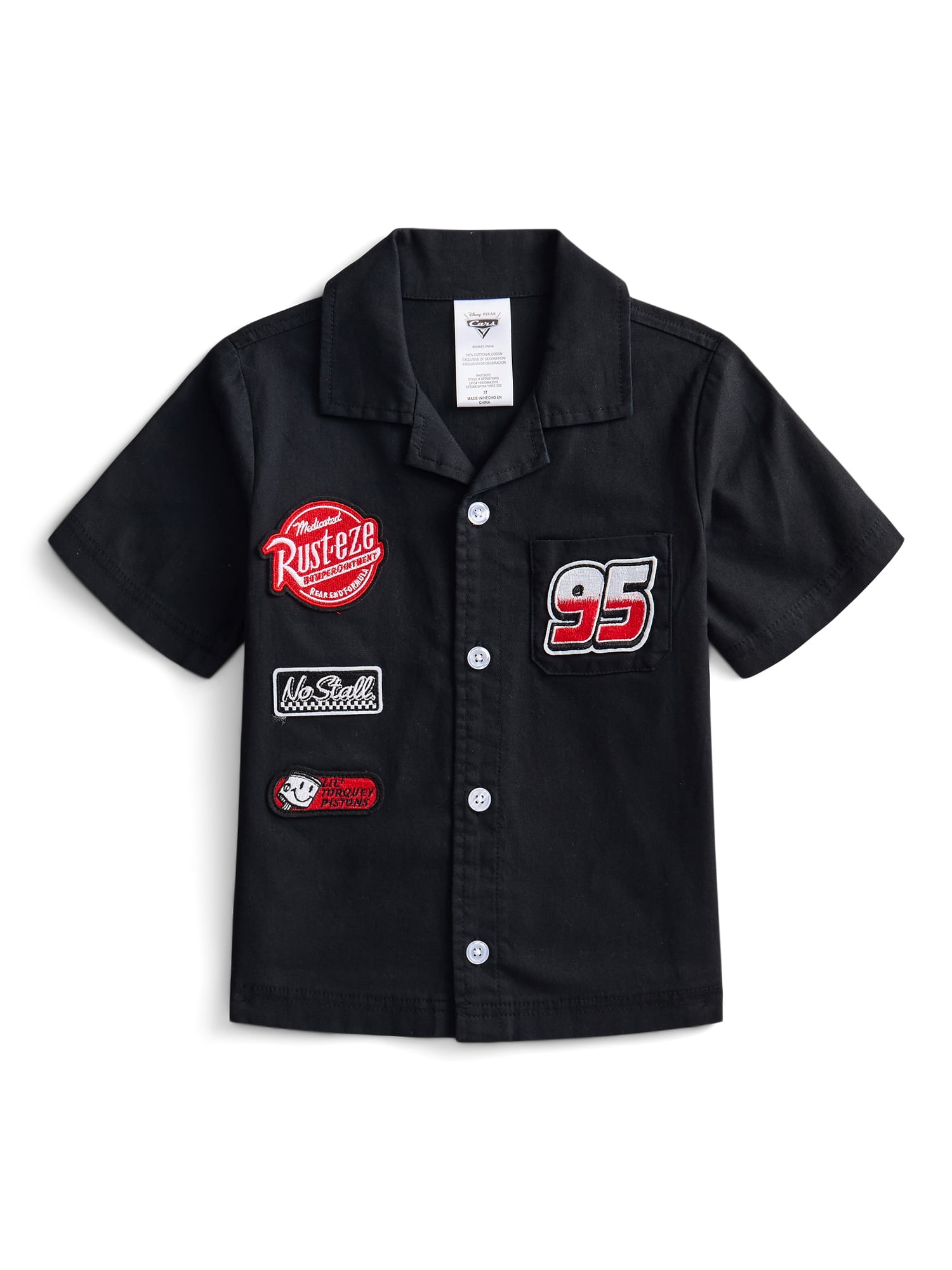 Disney Pixar Cars Toddler Boys Short Sleeve Cotton Button Down Shirt with Patches, Sizes 12M-5T