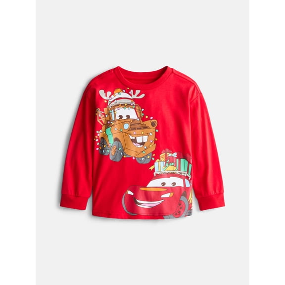 Pixar Cars Toddler Holiday Graphic Crewneck Tee with Long Sleeves, Sizes 12M-5T