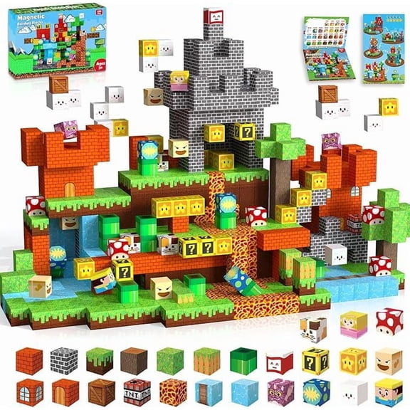 Pixel 200 Pcs Portal Magnetic Building Set - 8-Bit Sandbox World Cubes with Miner, Golem & Animals - Large DIY Desk Decor Kit for Gamers, Teens & Adults