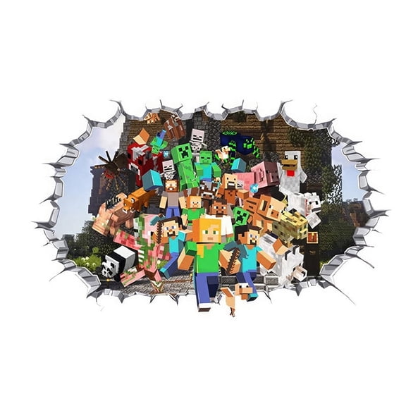 Pixel 3D Broken Wall Block Crowd Decal - 23.6" x 15.7" Removable Sandbox Game Mural for Gaming Room, Bedroom & Study - Peel & Stick Vinyl Wall Sticker