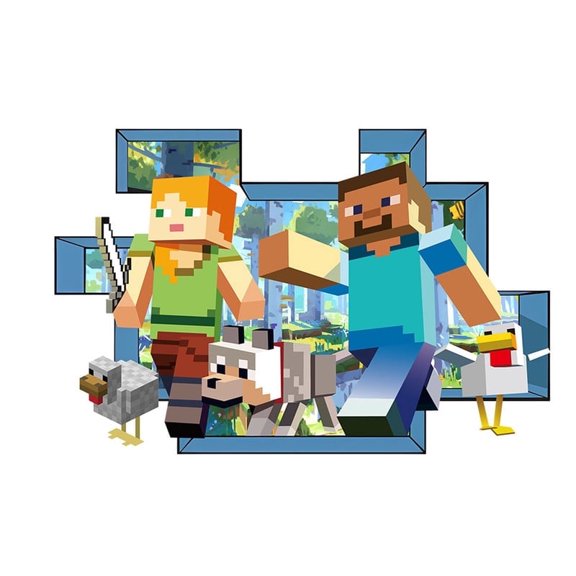 Pixel 3D Broken Wall Block Duo & Animals Decal - 23.6" x 15.7" Removable Sandbox Game Mural for Gaming Room, Bedroom & Study - Peel & Stick Vinyl Wall Sticker