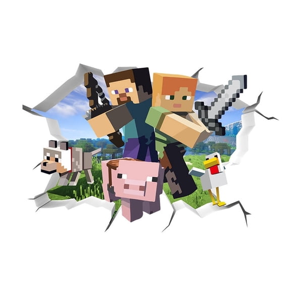 Pixel 3D Broken Wall Block Game Mural Decal - 23.6" x 15.7" Removable Sandbox Survival Art for Gaming Room, Bedroom & Study - Peel & Stick Vinyl Wall Sticker with Miner Duo, Pig, Wolf & Chicken