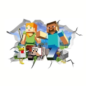 Pixel 3D Broken Wall Block Game Mural Decal - 23.6" x 15.7" Removable Sandbox Survival Art with Pixel Miner, Wolf & Chickens - Peel & Stick Vinyl Wall Sticker for Gaming Room, Bedroom & Study