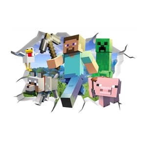 Pixel 3D Broken Wall Block Game Mural Decal - 23.6" x 15.7" Removable Sandbox Survival Vinyl Sticker with Miner, Creeper, Wolf, Pig & Chicken - Peel & Stick 8-Bit Art for Gaming Room, Bedroom & Study