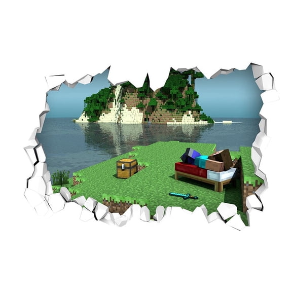 Pixel 3D Broken Wall Block Island Decal - 23.6" x 15.7" Removable Sandbox Landscape Mural for Gaming Room, Bedroom & Study - Peel & Stick Vinyl Wall Sticker (Chest, Bed & Sword)