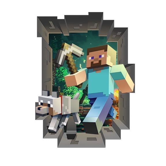 Pixel 3D Broken Wall Block Miner & Wolf Decal - 23.6" x 15.7" Removable Night Forest Sandbox Mural for Gaming Room, Bedroom & Study - Peel & Stick Vinyl Wall Sticker