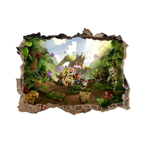 Pixel 3D Broken Wall Jungle Adventure Decal - 23.6" x 15.7" Removable Sandbox Game Mural for Gaming Room, Study & Living Room - Peel & Stick Vinyl Wall Sticker
