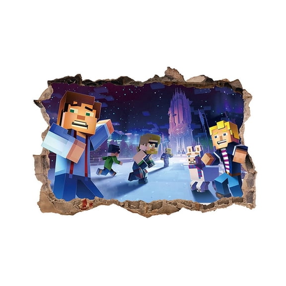 Pixel 3D Broken Wall Winter Adventure Decal - 23.6" x 15.7" Removable Magical Night Castle Mural for Gaming Room, Bedroom & Study - Peel & Stick Vinyl Wall Art Sticker