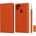 thumbnail image 1 of Pixel 4a 5G Genuine Cowhide Leather Wallet Case,Headset Winder,Flip Folio Magnetic Closure,Card Slots,Kickstand,Cash Pockets Wrist Strap Case for Google Pixel 4a 5G,6.2",Orange, 1 of 8