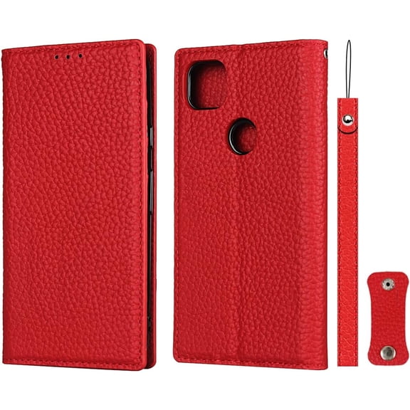 Pixel 4a Genuine Cowhide Leather Wallet Case,Headset Winder,Flip Folio Magnetic Closure,Card Slots,Kickstand,Cash Pockets Wrist Strap Case for Google Pixel 4a,5.81" (4G Version),Red