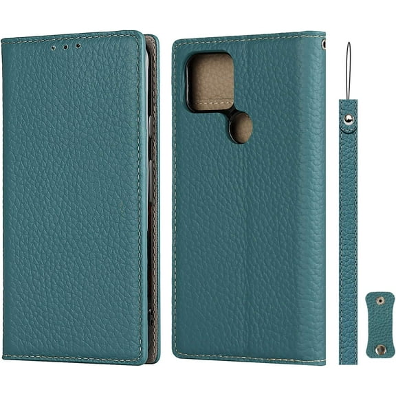 Pixel 5 Genuine Cowhide Leather Wallet Case,Headset Winder,Flip Folio Magnetic Closure,Card Slots,Kickstand,Cash Pockets Wrist Strap Case for Google Pixel 5,6.0",Light Blue