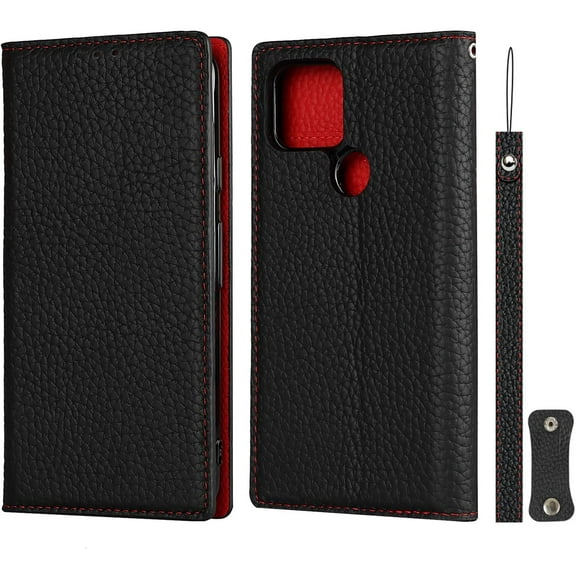 Pixel 5 Genuine Cowhide Leather Wallet Case,Headset Winder,Flip Folio Magnetic Closure,Card Slots,Kickstand,Cash Pockets Wrist Strap Case for Google Pixel 5,6.0",Black