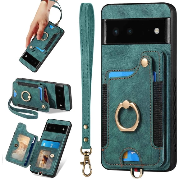 for Pixel 6 Case,Card Holder Wallet for Google Pixel 6 Case,Ring Stand,RFID-Blocking,Wrist Strap,Magnetic Clasp,Camera Protector,Leather Protective Flip Cover for Pixel 6 (Green)